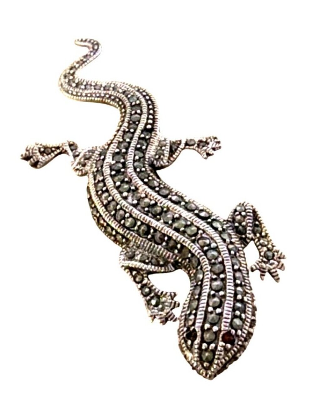 Vintage Signed 925 Lizard Gecko Brooch Pin Marcasite Garnet Eyes Textured 3" 13g - Picture 8 of 10